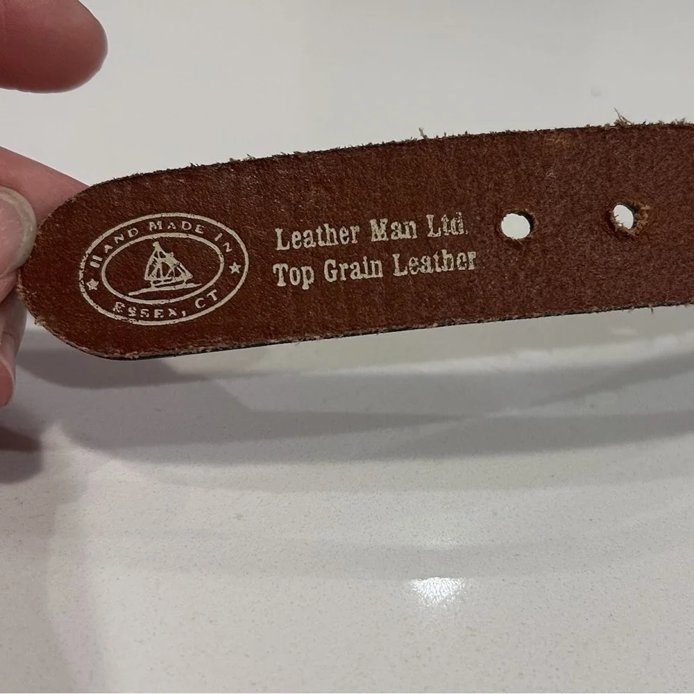 Leather Man LTD Belt Sword Fish Size 38 Blue Hand Made Essex CT Webbed Brass